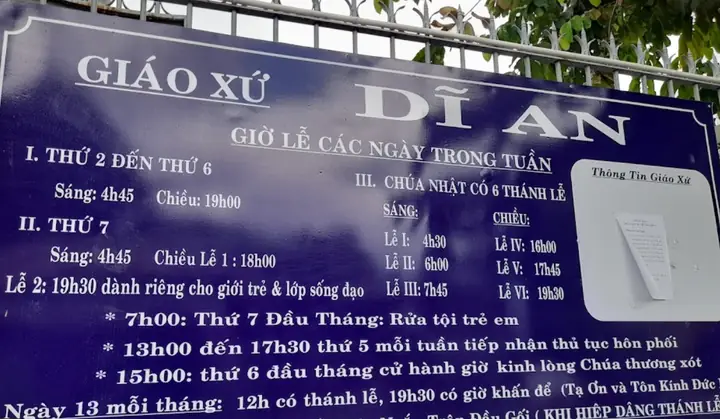 Giờ Lễ Nhà Thờ Dĩ An Bình Dương