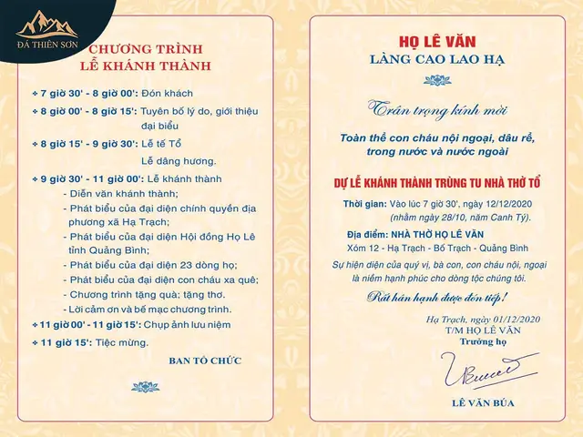 Mẫu Giấy Mời Khánh Thành Nhà Thờ Tộc