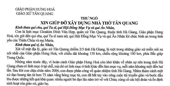 Thư Ngỏ Xây Dựng Nhà Thờ Thư Ngỏ Xây Dựng Nhà Thờ